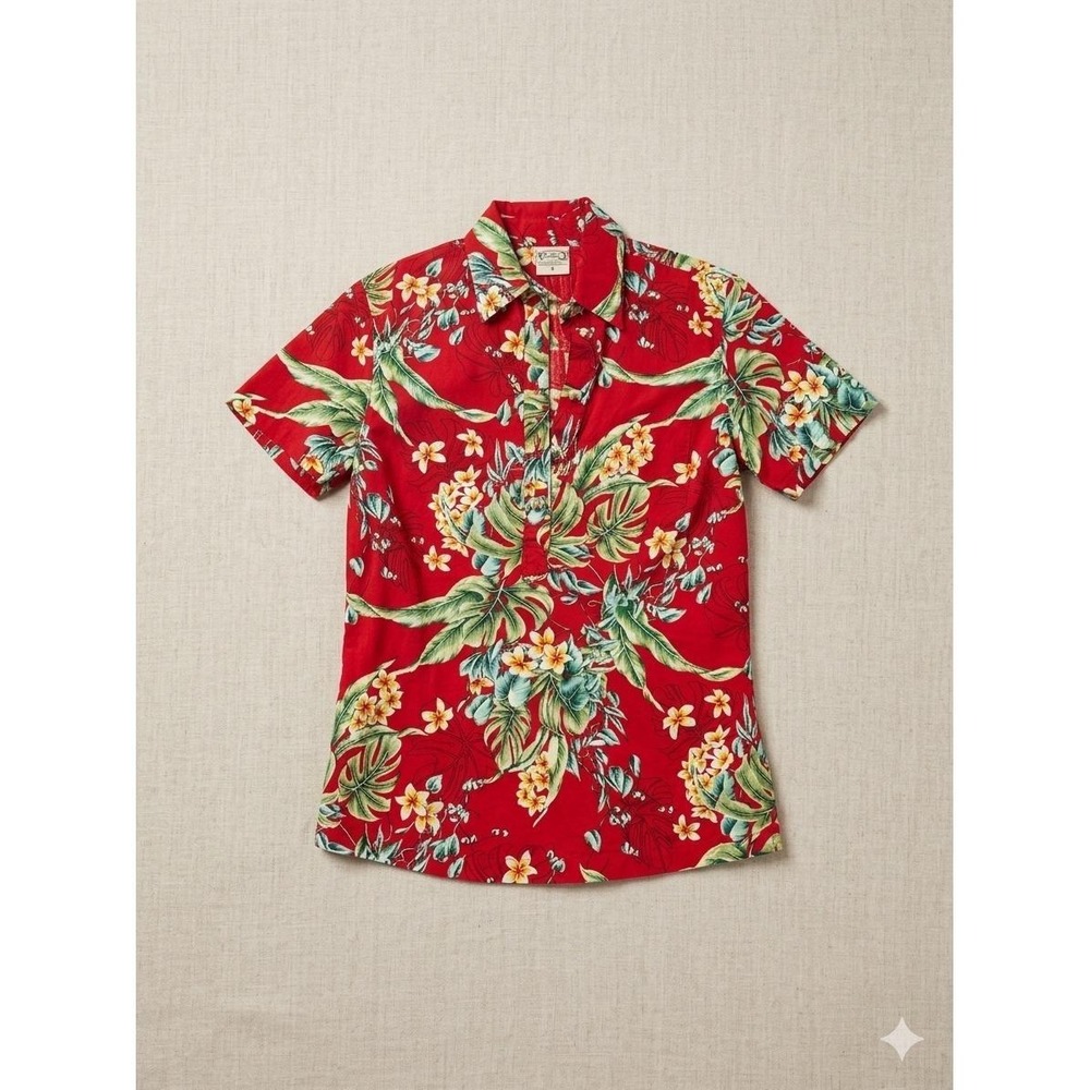 Go Barefoot Hawaiian Aloha Shirt Womens S Red Plumeria Floral Made USA